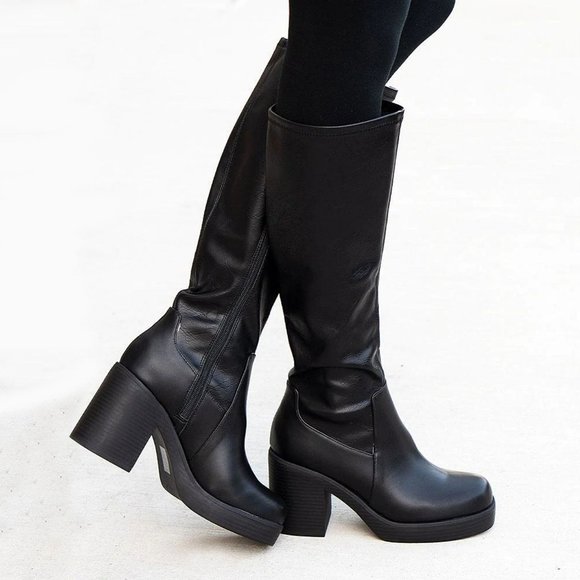 NEW🔥 Black Knee High Moto Boot Chunky Platform Block Heel Stretchy Faux Leather - Picture 4 of 4